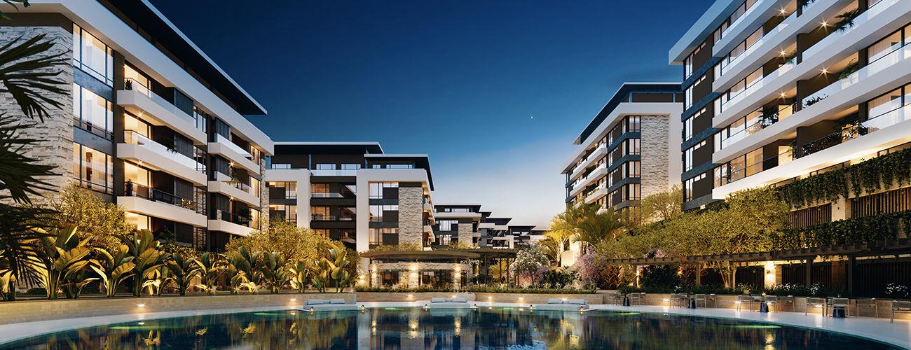 Residential development by BAA Architects at dusk